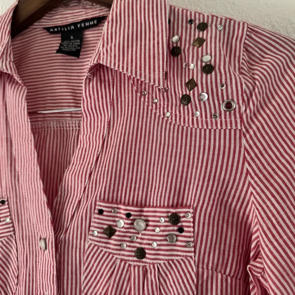 Cotton Button Poplin Collared Top Jewel Stud Gem Mixed Embellish Roll Tab Small - Picture 2 of 13